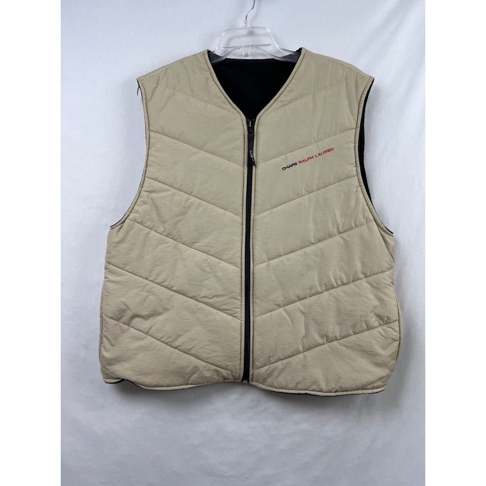 Chaps Ralph Lauren Reversible Vest Mens XL Tan Black Quilted Fleece Zip Up